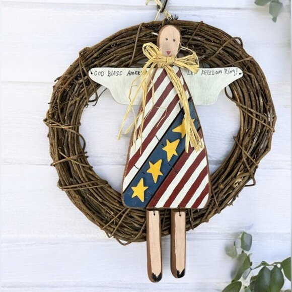SOLD ! Angel Grapevine Wreath Americana Hand Made Primitive Patriotic  America - Picture 16 of 16